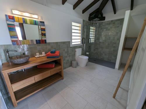 une salle de bains avec lavabo, douche et toilettes dans l'établissement Villa Perséides, à Deshaies