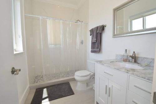 a bathroom with a shower and a toilet and a sink at Cupid's Way is a High-end New Home with Large PRIVATE Pool Snorkeling Cliff Jumping and Water Sports Equipment in Governorʼs Harbour