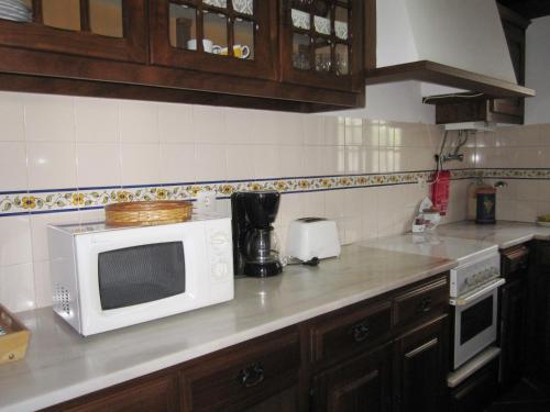 アレイア・ブランカにあるA Casinhaのキッチン(白い電子レンジ、コンロ付)