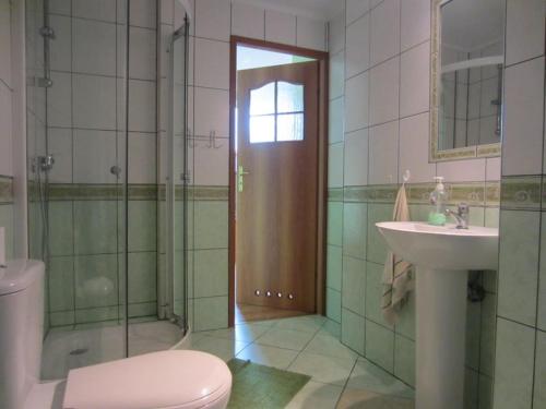 uma casa de banho com um chuveiro, um WC e um lavatório. em Ostoja w Lipowcu em Jaśliska