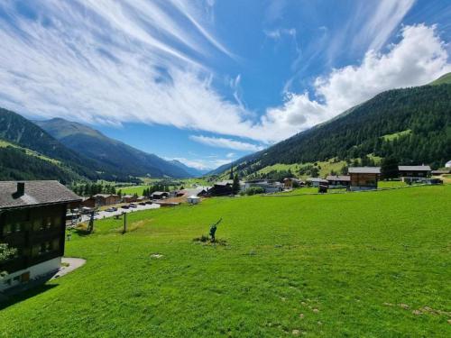 a field of green grass with mountains in the background at Modern and bright apartment opposite ski-lift in Münster