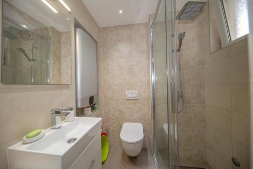 a bathroom with a shower and a toilet and a sink at Apartment Marcic in Bar