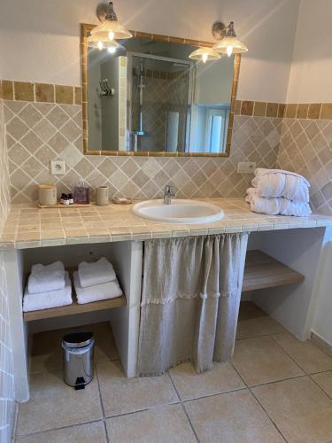 a bathroom with a sink and a mirror at Domaine de Montine Chambres de Charme in Grignan