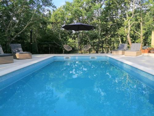 a swimming pool with an umbrella and some chairs at Villa VinoSelo mit Sauna & Whirlpool in Vižinada