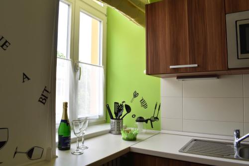 a kitchen with green walls and a sink and a window at Apartments Verona Karlovy Vary in Karlovy Vary