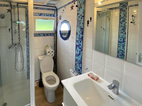 une salle de bain avec toilettes, lavabo et douche dans l'établissement La Maison Bleue avec Jardin à Mers-Les-Bains, à Mers-les-Bains