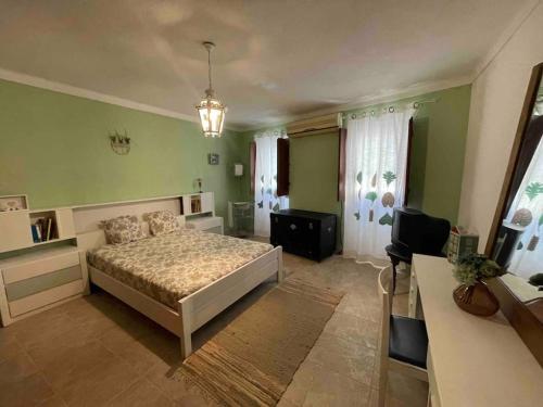 a bedroom with a bed and green walls at Casa 13 in Montargil