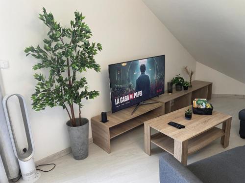 a living room with a flat screen tv on a wall at Loft renové avec Mezzanine - Vue sur le Loing - Commerces à pied in Moret-sur-Loing