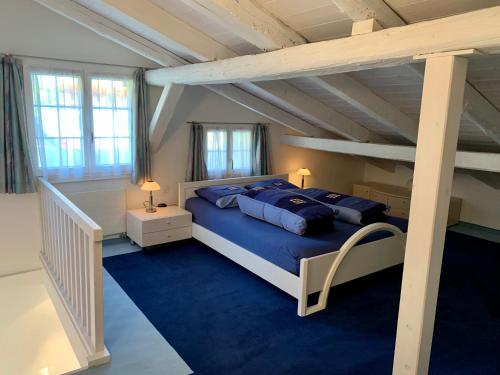 una camera con letto a castello e moquette blu di Casa Larisch a Sedrun