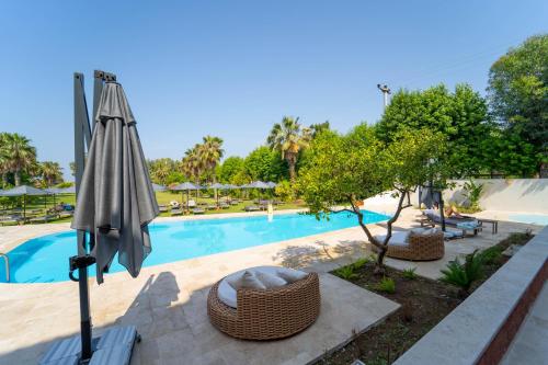 a swimming pool with an umbrella and chairs and trees at Hotel Club-E in Fethiye