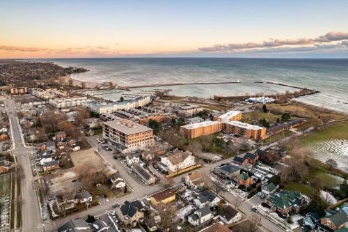 an aerial view of a city and the ocean at Lakehurst Estate in Cobourg