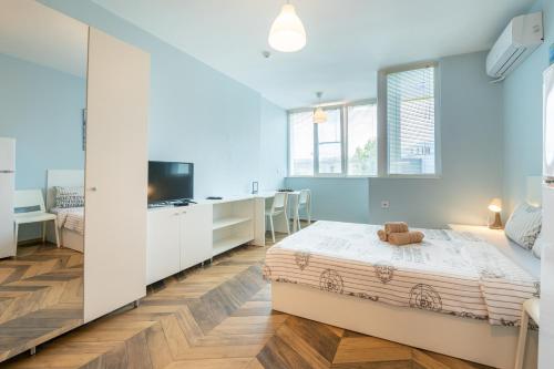 a bedroom with a bed and a desk and a tv at Cozy little apartment in Studentski grad in Sofia