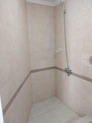 a bathroom with a shower with beige tile at Апарт-Отель Энглер in Novorossiyskoye