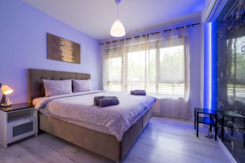 1 dormitorio con 1 cama grande y paredes moradas en Sunny Apartment in Studentski grad, behind UNSS, en Sofía