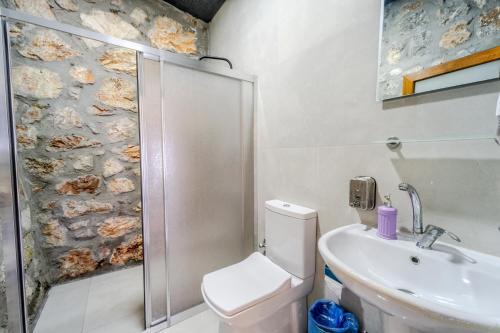 a bathroom with a shower and a toilet and a sink at Manzara Bungalov in Fethiye