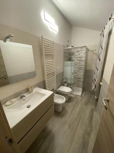 a bathroom with a sink and a toilet and a shower at B&B al Vicoletto in Bellante