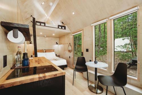 a tiny house with a kitchen and a bedroom at Lumen Nature Retreat in Woodstock