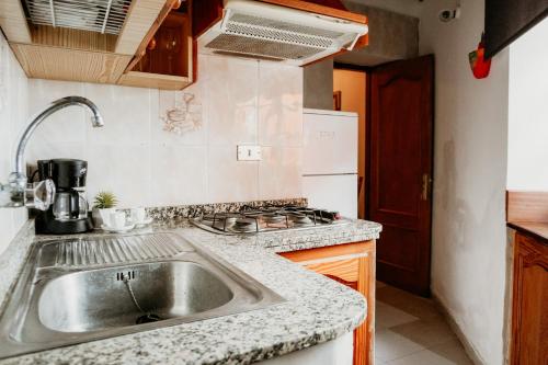 El Guincho的住宿－Casa El Guincho, Garachico，厨房配有水槽和炉灶 顶部烤箱