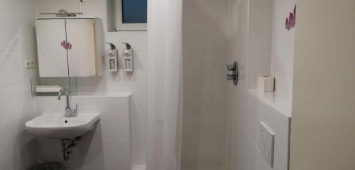 La salle de bains blanche est pourvue d'un lavabo et d'une douche. dans l'établissement Vacational apartment, à Bottrop
