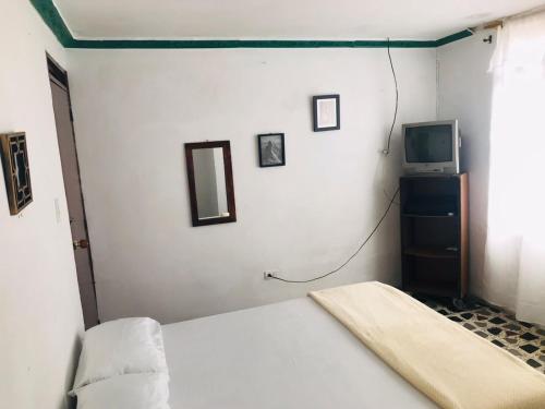 um quarto com uma cama e uma televisão na parede em Hostal la 18 em Pereira