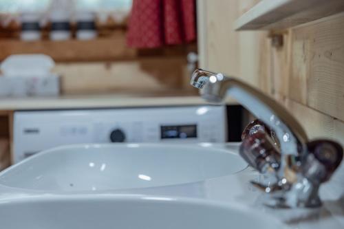 a bathroom sink with a faucet on top of it at Almhaus Gensbach in Innerkrems