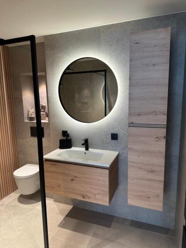 uma casa de banho com um lavatório e um espelho em Home away from home em Oostende