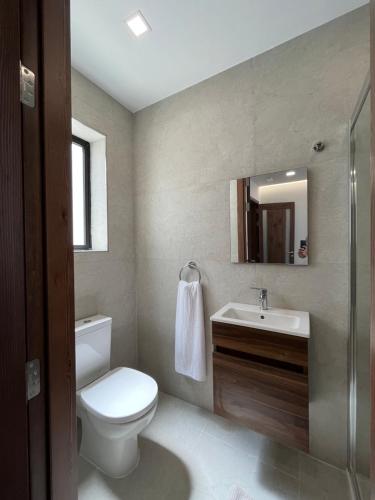 bagno con servizi igienici, lavandino e specchio di St Julians Apartment a San Giuliano