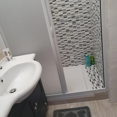 een badkamer met een wastafel en een douche bij Adriana's home in Caltanissetta