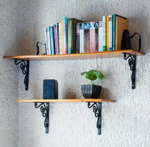 a book shelf with books and a plant on it at Meztli: Casa Boutique & Spa in Mexico City