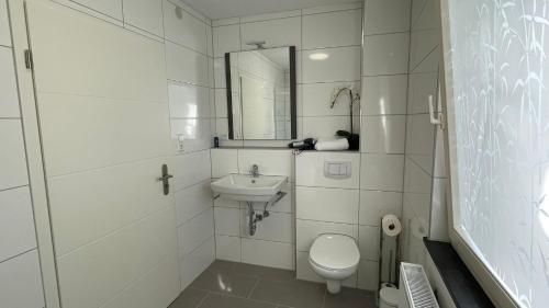 a white bathroom with a toilet and a sink at Im Herzen von Hauenstein in Hauenstein