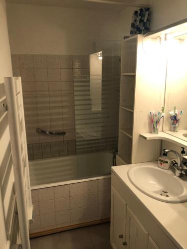 a bathroom with a tub and a sink and a shower at Studio à Corrençon en Vercors in Corrençon-en-Vercors