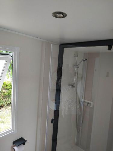 une salle de bain avec une douche avec une porte vitrée dans l'établissement Au lac des rêves, à Lattes