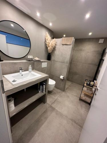 een badkamer met een wastafel, een toilet en een spiegel bij Gästewohnung Schleienbach in Wadgassen