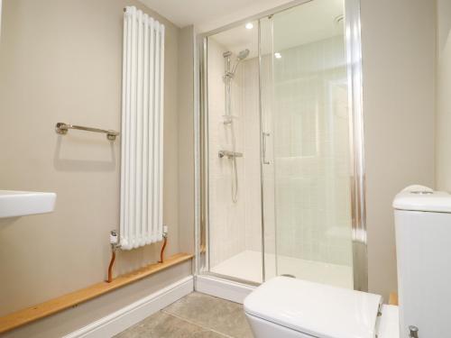 a bathroom with a shower and a toilet at Spring Cottage in Stroud
