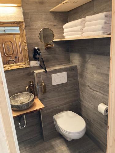 een kleine badkamer met een toilet en een wastafel bij Zur Baumwolle Family Suites in Neurenberg