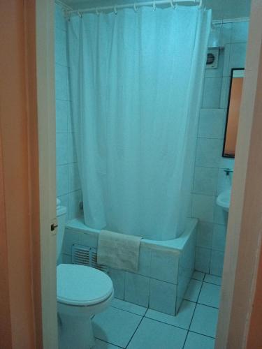 a bathroom with a toilet and a shower with a shower curtain at Aquamarina Apart Hotel in Viña del Mar