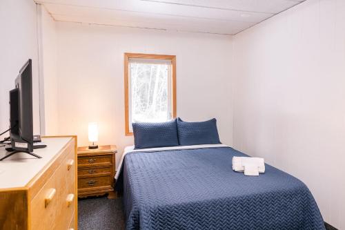 sypialnia z niebieskim łóżkiem i telewizorem w obiekcie Delta Lodge w mieście Delta Junction