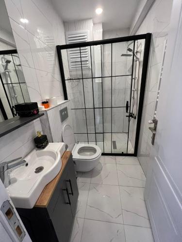 uma casa de banho com um WC, um lavatório e um chuveiro em Fatih / Aksaray - Yusufpaşa em Istambul