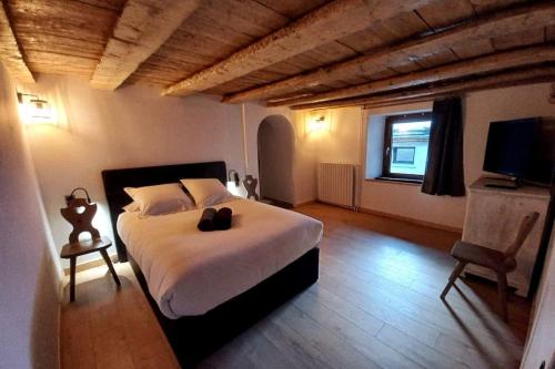 een slaapkamer met een bed, een stoel en een televisie bij Gîte 14 pers LesOursFanfarons spacieux chaleureux in Bramans