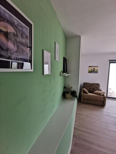 a living room with green walls and a couch at O Recuncho de Tibias in Pereiro de Aguiar