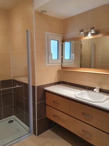 une salle de bain avec un lavabo et une douche dans l'établissement Maison spacieuse et lumineuse à 2mns des plages, à Locquirec