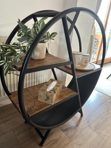 a black round shelf with a plant on it at Apartmán MATEO Donovaly in Donovaly