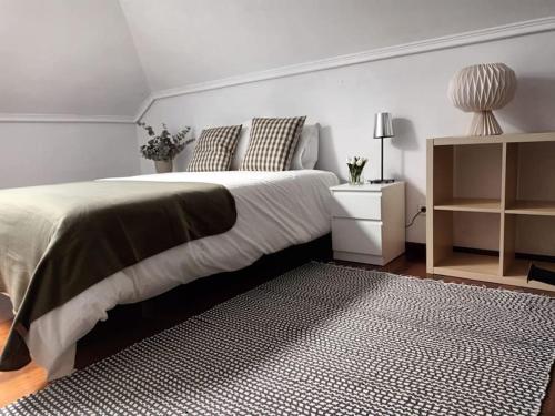 1 dormitorio con 1 cama grande con alfombra negra en Ático luminoso con terraza, en Santander