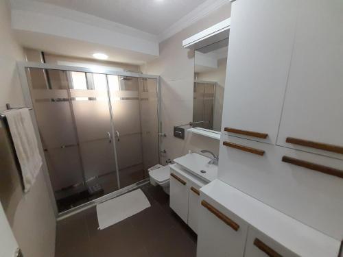 a bathroom with a shower and a toilet and a sink at Villa suzi in Aydın