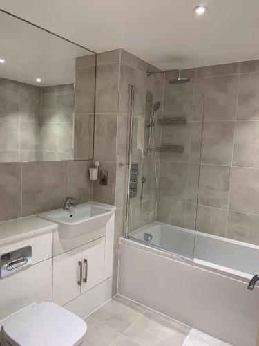 a bathroom with a toilet and a sink and a shower at G2 Luxury Rooms in a Shared House in Basildon