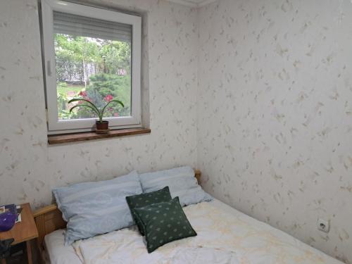 - une petite chambre avec un lit et une fenêtre dans l'établissement Exit vila, à Sremska Kamenica
