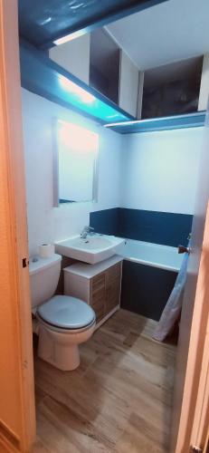 La salle de bains est pourvue de toilettes blanches et d'un lavabo. dans l'établissement studio à cent mètres de l'océan., à Seignosse