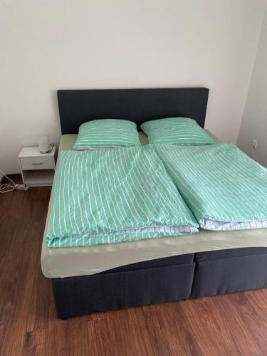 a bed with green comforter and two green pillows at Erdgeschoss Wohnung 2 Schlafzimmer in Bayreuth