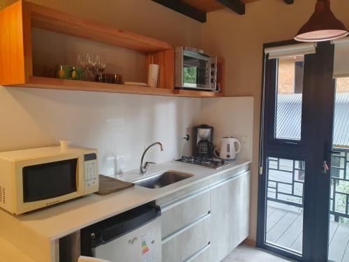 a kitchen with a sink and a microwave at Departamento Lake Soul Villa La Angostura in Villa La Angostura