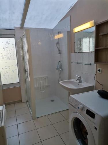 une salle de bain avec une machine à laver et un lavabo dans l'établissement Grande maison de ville 120 m2 veranda et jardin., à Saint-Ouen